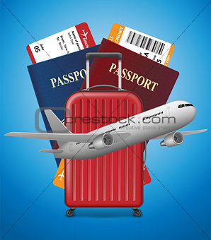 Business trip banner with Passport, tickets, airplane and suitcase on blue background. International Air travel concept. Business travel vector illustration.