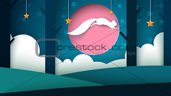 Paper night landscape. Squirrel jump illustration. Star, forest, tree, moon.