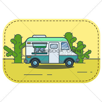 Cute retro food truck in desert illustration in flat cartoon vector style.