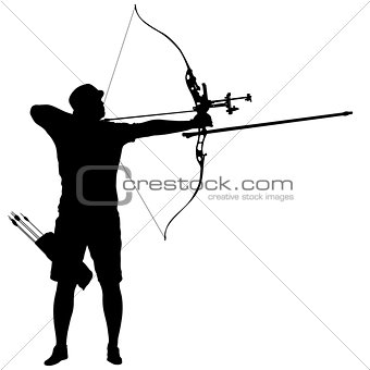 Silhouette attractive male archer bending a bow and aiming in the target