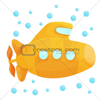 Yellow Submarine Underwater on White Background. Cartoon Design Style