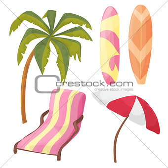 Beach Icon Set - cartoon equipment - lounger, palm tree, board, umbrella
