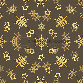 Gold Star and Gold Snowflake Seamless Pattern. seamless pattern with gold confetti stars and snowflake. Vector illustration. Shiny background. Luxury seamless pattern with gold snowflakes and stars