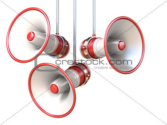 Three red and white megaphones 3D