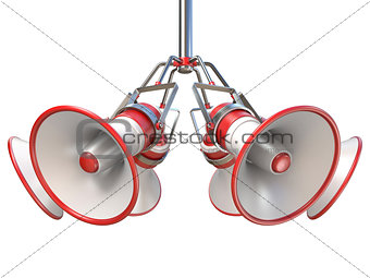Red and white megaphones hanging 3D