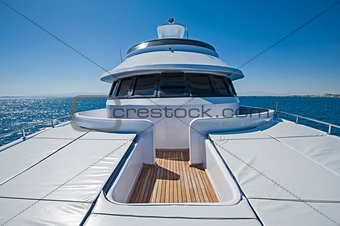 View from bow of a large luxury motor yacht