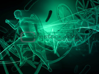 3D male figure running on abstract medical background