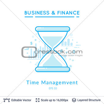 Sand clock time management symbol on white.