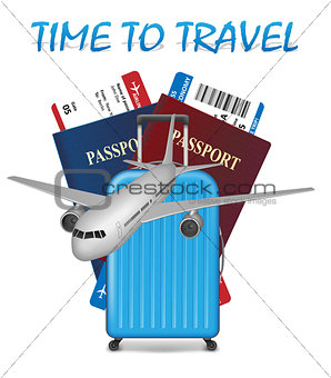 Air travel international vacation concept. Business travel banner with airline tickets, realistic airplane and suitcase isolated on white background. Vector illustration