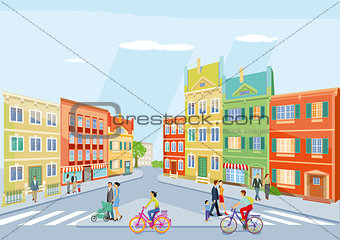 small city with pedestrians and cycling, illustration