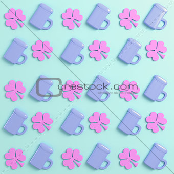 Clover and beer mug on bright background in pastel colors