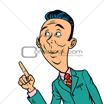 attentive interested curious businessman points finger gesture