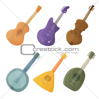 Musical stringed instruments in cartoon style guitar, violin, balalaika, lute