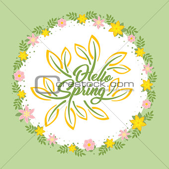 Hello Spring beautiful greeting card with flowers on a white background and stylized inscription. Spring template for your design, cards, invitations, posters.