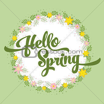 Beautiful greeting card with flowers on a white background and stylized inscription Hello Spring. Spring template for your design, cards, invitations, posters.