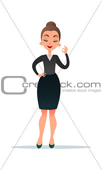 Well done. Good work. Beautiful cartoon businesswoman smiling and showing OK sign.