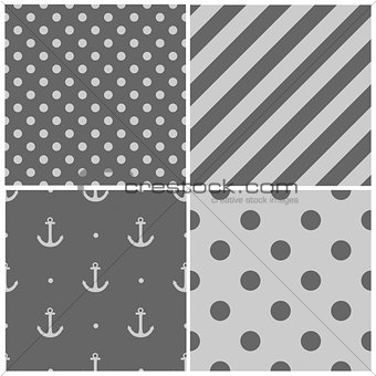 Tile sailor vector pattern set with grey polka dots, zig zag and stripes on white background