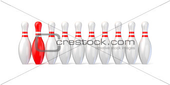 White bowling pins lined and red one. 3D