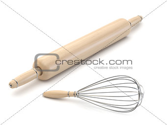 Wooden rolling pin and wire whisk. 3D