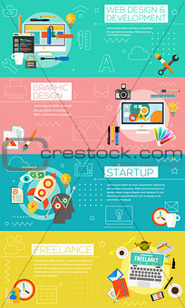 Graphic Design , Webdesign, Development, Startup And Freeance ConceptFlat concept banners. Audio, online library, video and news