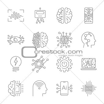 Future technologies icons. AI, quantum computing, robot, IoT, smart CPU and other. Editable Stroke.