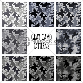 Modern fashion vector trendy gray camo patterns set.