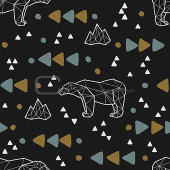 Seamless tribal pattern with low poly polar bears and triangles. Kids and baby fashion fabric design. Vector illustration.