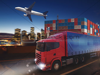 Fast truck on road delivering at night with cargo and airplane in background. 3D Rendering