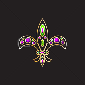 Royal fleur-de-lis with gems and gold contour decor vector.