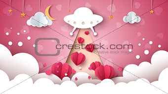 Cartoon ufo. Love, heart illustration.