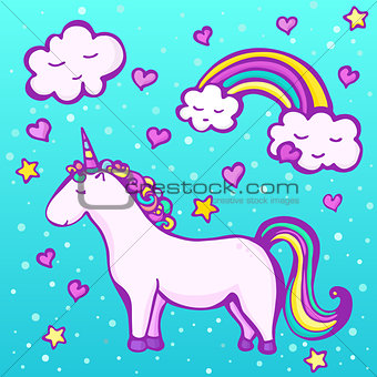 Cute unicorn on a blue background with a rainbow, clouds, hearts and stars