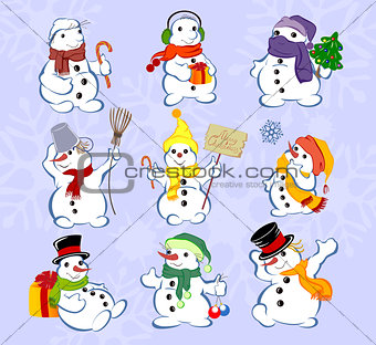 Set of winter holidays snowman on background. Vector illustration