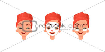 Beautiful women s faces. Girl with purifying mask and eye patches against circles under the eyes. Facial and eye care. Flat vector illustration