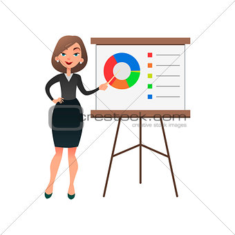 Funny cartoon woman manager presenting whiteboard about financial growth. Young businesswoman making presentation and showing diagrama on whiteboard.