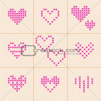 Valentine Day. Set of 9 hearts. Cross-stitch.