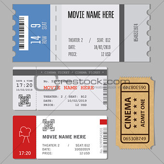 Templates of modern tickets for cinema or concert entrance