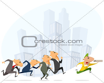 Businessmen running for pizza courier