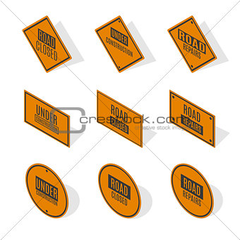Under construction road sign in 3D isometric style, vector illustration.