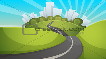Cartoon summer landscape. City, hill, road illustration.