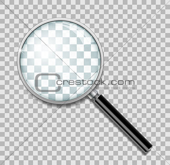 Magnifying glass with steel frame isolated. Realistic Magnifying glass lens for zoom on transparent background. 3d magnifier loupe vector illustration