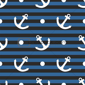 Tile sailor vector pattern with white anchor and polka dots on navy blue stripes background