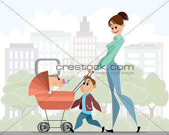 Mother walking with children