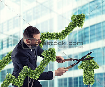 Businessman that cuts and adjusts a plant shaped like an arrow stats. Concept of startup company . 3D Rendering