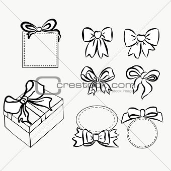 Sketch gift bows. Hand drawn graphic elements for your design. set bows and ribbons to decorate your text and postcards, graphic outline drawing