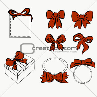 red ribbon set. bow for decorating various item, vintage bow and boxes, gift and decoration. Sketch Hand drawn graphic elements for your design.