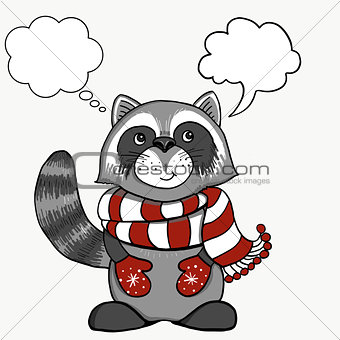 Vintage Christmas cards. Cute smiling raccoon in a red white stripe skarf. Winter holidays vector illustration.