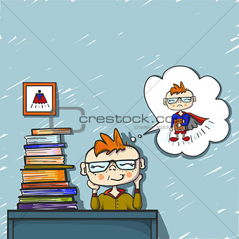 cute boy red hair dreams and smile behind a pile of books, coloured drawing hand paint, little dreamer, superhero, positive emotion, school day