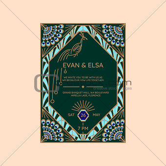 Wedding invitation vector template with peacock icon.