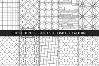 Collection of seamless geometric patterns. Simple vector backgrounds. Countur striped gray design