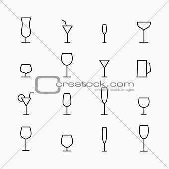 Set of wine glasses for alcoholic drinks of thin lines, vector illustration